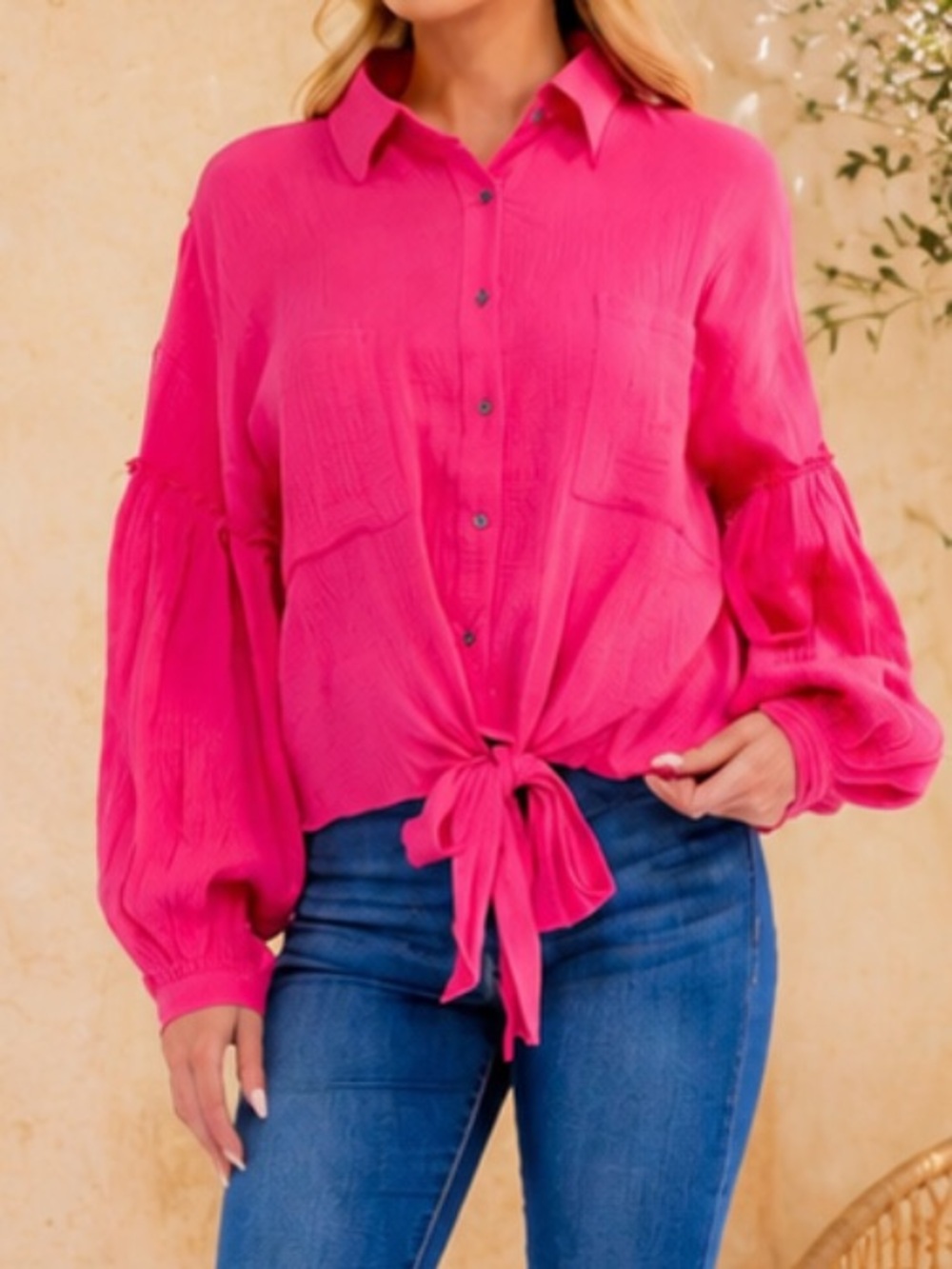 Boho NWT easy does it Fuchsia Tie-Front Button Blouse w/ Balloon Sleeves S-M-L